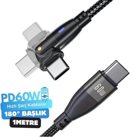 Alfais 6011 Type C To Hızlı Şarj Data Kablosu Çevirici Dönüştürücü Adaptör 180° Döner 60W 1M