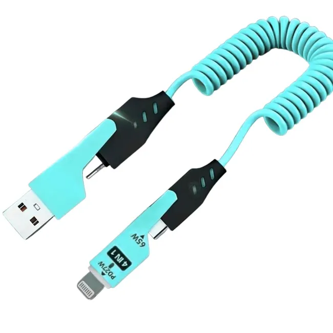 Alfais 6008 USB Type-C Lightning 4'ü 1 Arada 65W PD Hızlı Şarj Data Kablosu 1.5m Spiral Çevirici