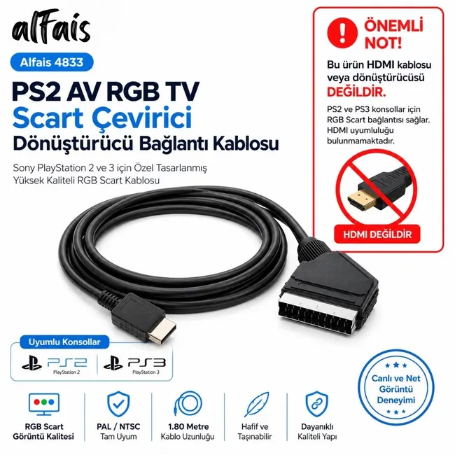 Alfais 4833 Ps2 Av Rgb Tv Scart çevirici Dönüştürücü Bağlantı Kablosu