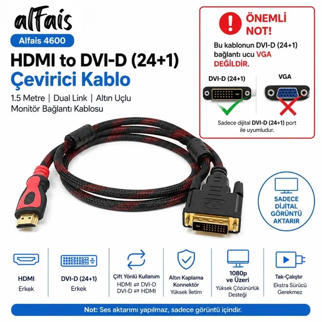 Alfais 4600 Hdmi To Dvi 24+1 Çevirici Dönüştürücü Monitör Kablosu 1.5 Metre
