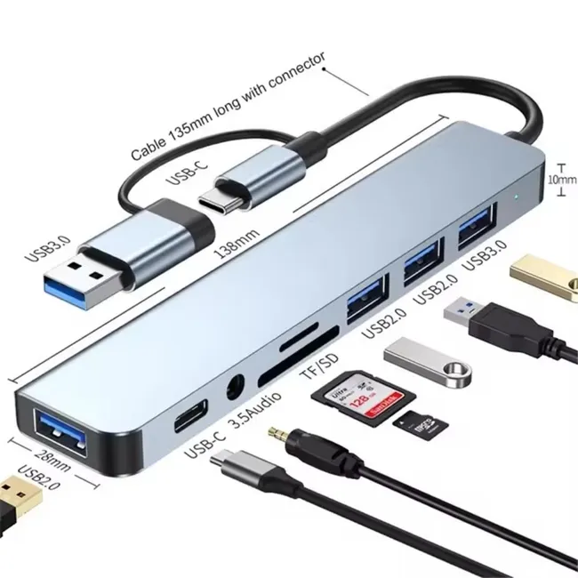 Alfais 6010 8 in 2  USB-C & USB 3.0 Hub Çoklayıcı  USB, Type-C, SD/TF ve Aux Çevirici