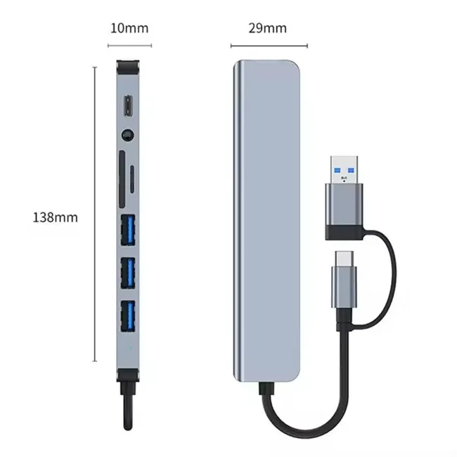 Alfais 6010 8 in 2  USB-C & USB 3.0 Hub Çoklayıcı  USB, Type-C, SD/TF ve Aux Çevirici