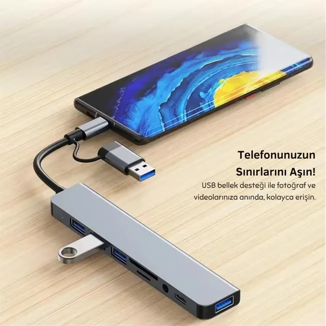 Alfais 6010 8 in 2  USB-C & USB 3.0 Hub Çoklayıcı  USB, Type-C, SD/TF ve Aux Çevirici