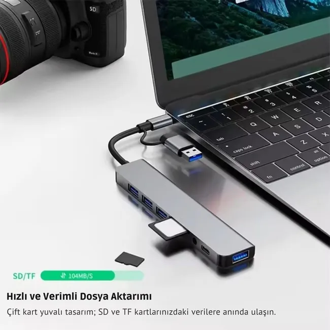 Alfais 6010 8 in 2  USB-C & USB 3.0 Hub Çoklayıcı  USB, Type-C, SD/TF ve Aux Çevirici