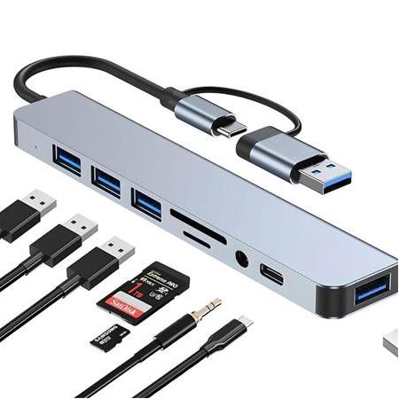 Alfais 6010 8 in 2  USB-C & USB 3.0 Hub Çoklayıcı  USB, Type-C, SD/TF ve Aux Çevirici