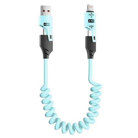 Alfais 6008 USB Type-C Lightning 4'ü 1 Arada 65W PD Hızlı Şarj Data Kablosu 1.5m Spiral Çevirici