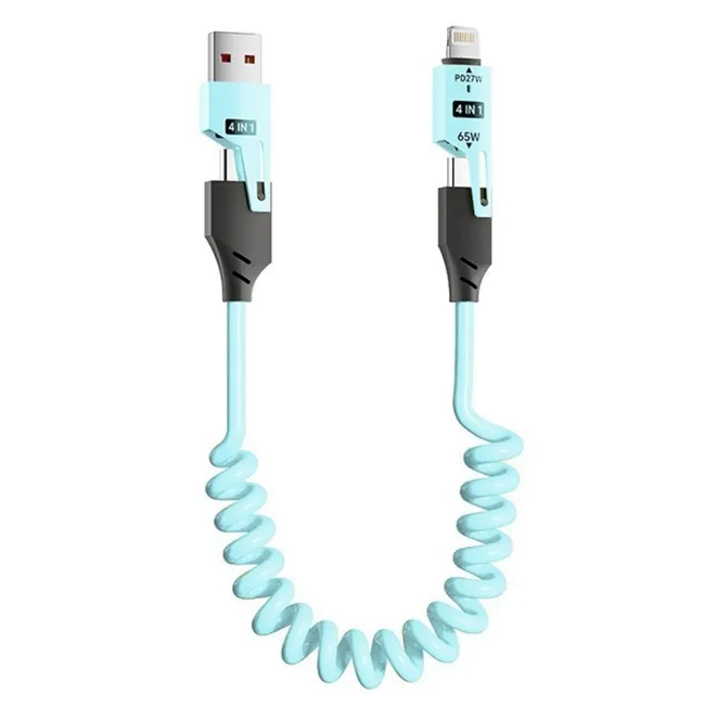 Alfais 6008 USB Type-C Lightning 4'ü 1 Arada 65W PD Hızlı Şarj Data Kablosu 1.5m Spiral Çevirici