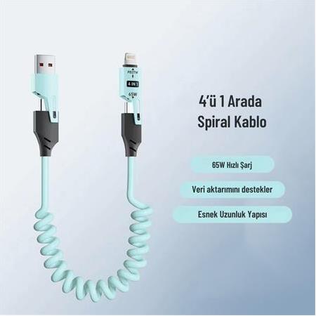 Alfais 6008 USB Type-C Lightning 4'ü 1 Arada 65W PD Hızlı Şarj Data Kablosu 1.5m Spiral Çevirici