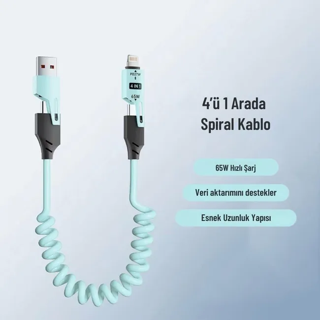 Alfais 6008 USB Type-C Lightning 4'ü 1 Arada 65W PD Hızlı Şarj Data Kablosu 1.5m Spiral Çevirici