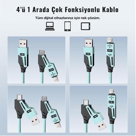 Alfais 6008 USB Type-C Lightning 4'ü 1 Arada 65W PD Hızlı Şarj Data Kablosu 1.5m Spiral Çevirici