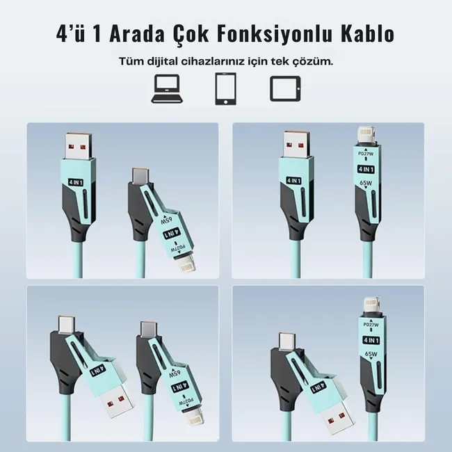 Alfais 6008 USB Type-C Lightning 4'ü 1 Arada 65W PD Hızlı Şarj Data Kablosu 1.5m Spiral Çevirici
