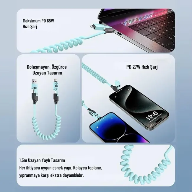 Alfais 6008 USB Type-C Lightning 4'ü 1 Arada 65W PD Hızlı Şarj Data Kablosu 1.5m Spiral Çevirici