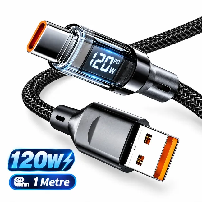 Alfais 6055 Usb Type C Hızlı Şarj Kablosu Led Ekranlı Dijital 120W Veri Kablosu 1 Metre