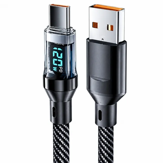 Alfais 6055 Usb Type C Hızlı Şarj Kablosu Led Ekranlı Dijital 120W Veri Kablosu 1 Metre