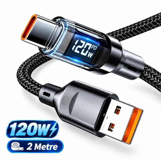 Alfais 6056 Usb Type C Hızlı Şarj Kablosu Led Ekranlı Dijital 120W Veri Kablosu 2 Metre