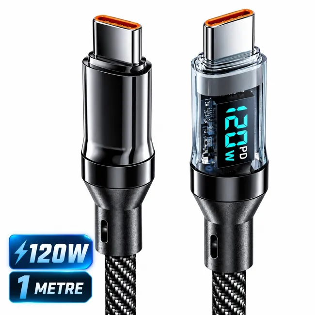 Alfais 6057 Type C Hızlı Şarj Kablosu Led Ekranlı Dijital 120W Veri Kablosu 1 Metre