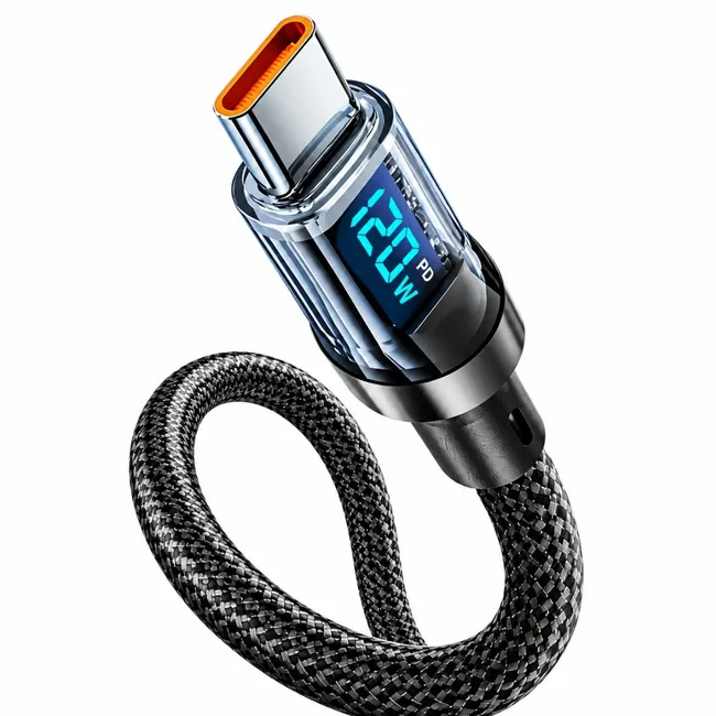 Alfais 6057 Type C Hızlı Şarj Kablosu Led Ekranlı Dijital 120W Veri Kablosu 1 Metre
