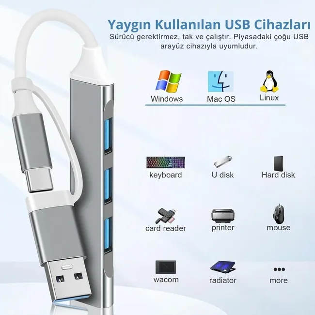 Alfais 6033 Usb 3.0 Type C Hub 4 Port Çoklayıcı Çoğaltıcı Çevirici Dönüştürücü Adaptör