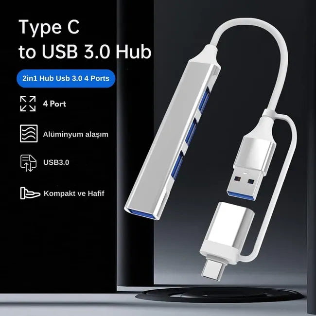 Alfais 6033 Usb 3.0 Type C Hub 4 Port Çoklayıcı Çoğaltıcı Çevirici Dönüştürücü Adaptör