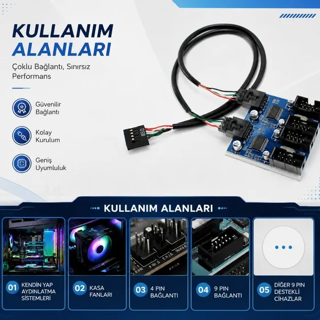 Alfais 6091 Anakart İç Usb Hub 9 Pin Header 1x4 Çoğaltıcı Port Genişletici Panel Rgb Dişi