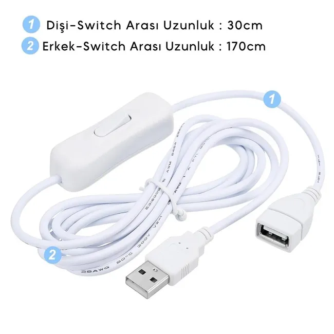Alfais 6096 Usb Power Data Kablo Açma Kapama Düğmeli Dişi Erkek Güç Ara Uzatma Kablosu 2 Metre