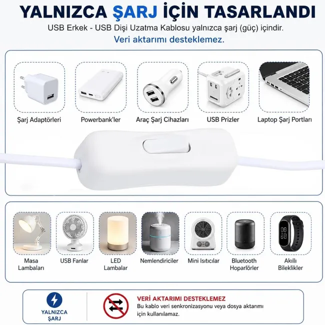 Alfais 6096 Usb Power Data Kablo Açma Kapama Düğmeli Dişi Erkek Güç Ara Uzatma Kablosu 2 Metre