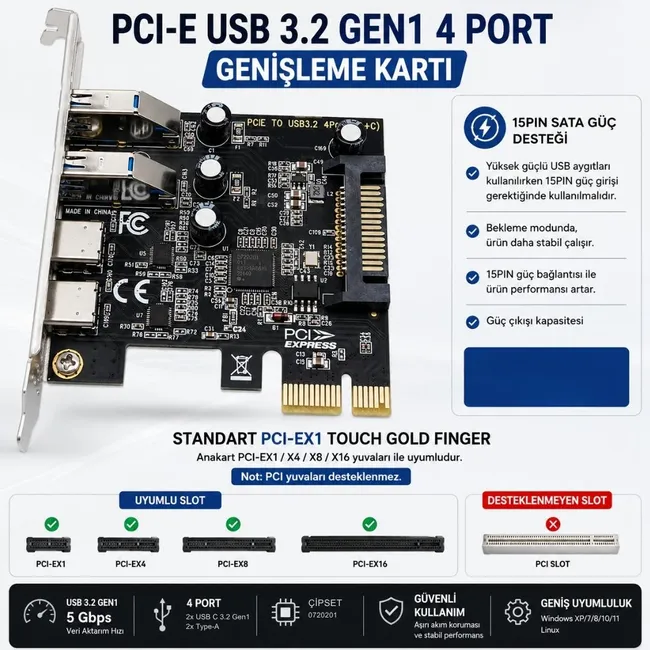 Alfais 6094 PCIe 2x USB 3.0 + 2x Type C Hub Genişletme Kartı PCI Express Adaptör Çoklayıcı Çoğaltıcı