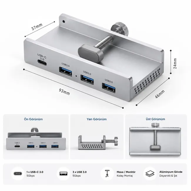 Alfais 6081 Hub 4 Port Çoklayıcı Usb 3.0 Type C 5Gbps Veri Aktarım Güç Destekli Dock Çoğaltıcı