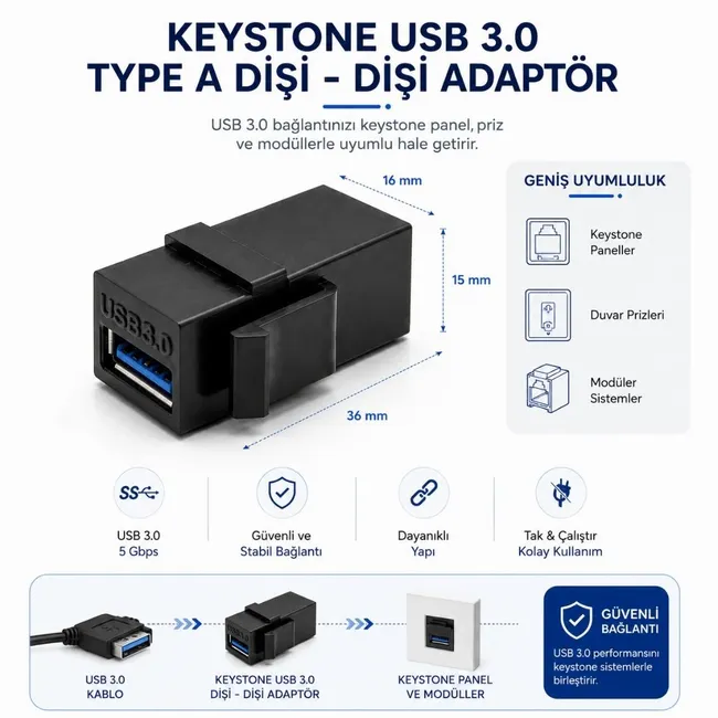 Alfais 6088 USB 3.0 A Dişi To Dişi Keystone Jack Adaptör Çevirici Uzatma Dönüştürücü Ara Bağlantı