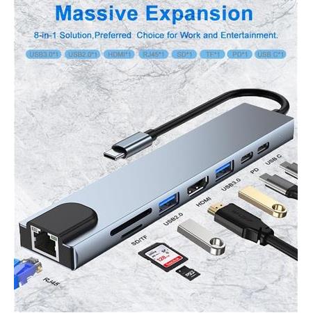 Alfais 4681 Type C To Hdmi Usb 3.0 Sd MicroSD 8in1 Kart Rj45 Ethernet Çevirici Dönüştürücü Adaptör