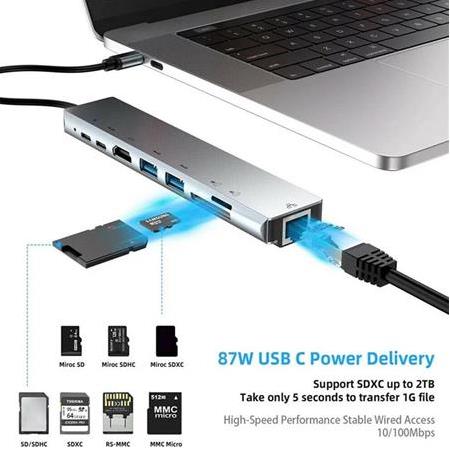 Alfais 4681 Type C To Hdmi Usb 3.0 Sd MicroSD 8in1 Kart Rj45 Ethernet Çevirici Dönüştürücü Adaptör