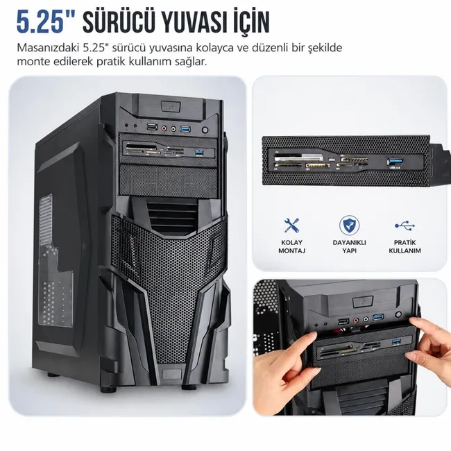 Alfais 6087 Usb 3.0 Ön Panel 5.25 inç Dahili Kart Okuyucu  Cf Sd Tf Ms M2 Xd Çoklu Medya