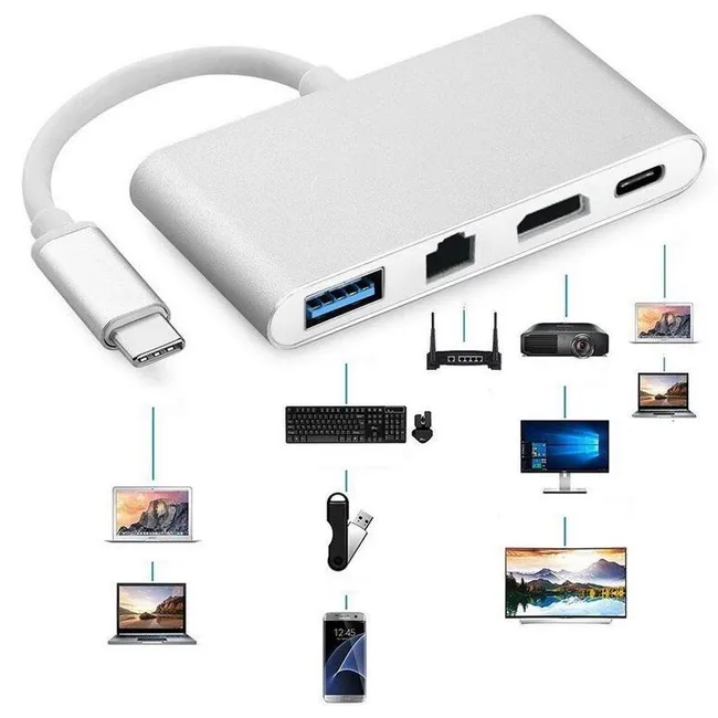 Alfais 4771 USB 3.1 Type C To Hdmi Usb 3.0 Gigabit Ethernet Çevirici Dönüştürücü Adaptör