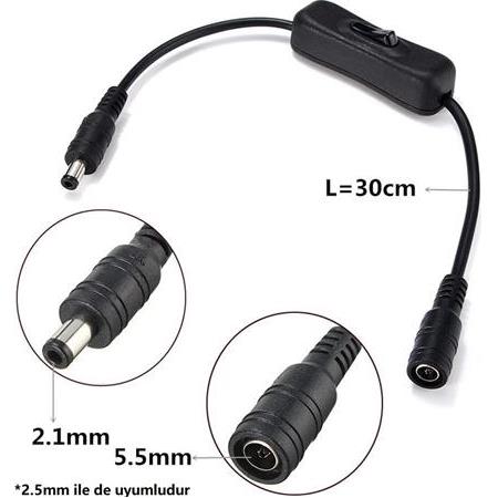 Alfais 4462 Anahtarlı Dc Adaptör Güç Power Dişi Erkek Bağlantı Kablosu 5.5x2.1mm